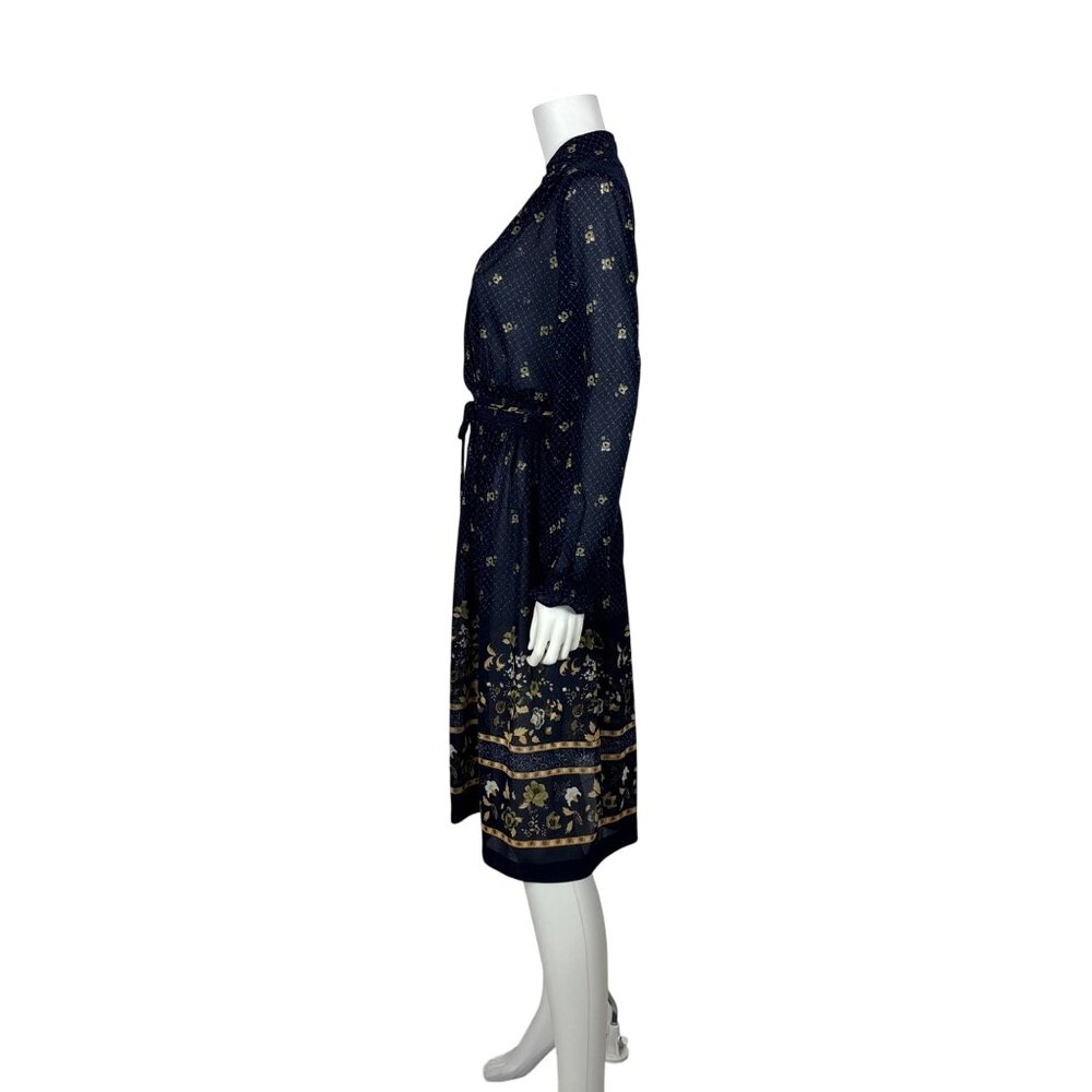 Vintage 80s Sheer Dress Womens M Navy Blue Peacock Floral Border Print - Picture 8 of 11